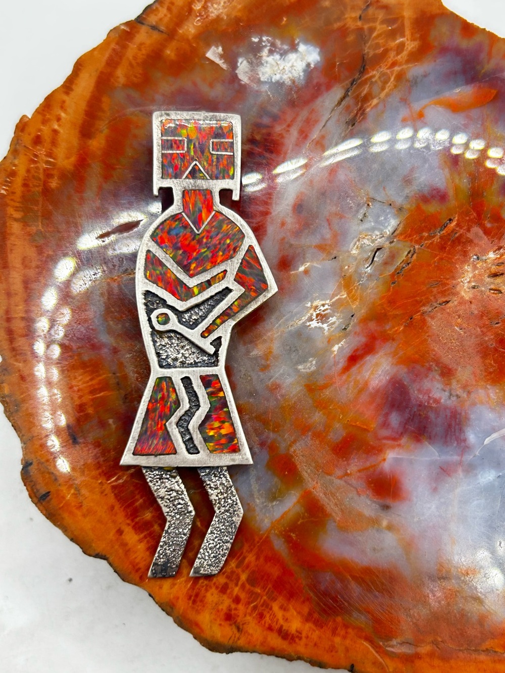 Traditional Southwest Sterling Silver Pendant w/ lab fire opal inlay
